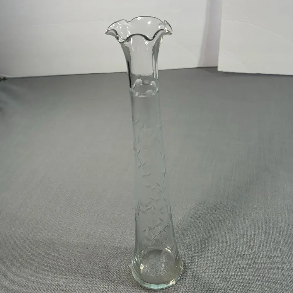 Vintage Etched Clear Glass Bud Vase 10 Inch Ruffled Flared Rim Floral Design